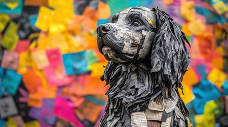 Close-up of a newspaper dog sculpture, rich in texture and detail, set against a lively abstract background bursting with colorsの素材