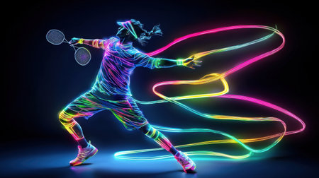 Digital art of a badminton player mid-swing, neon accents, light streaks, futuristic glow, dark background, ultra-detailed realismの素材