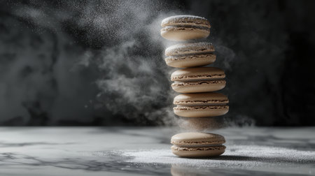 Elegant tower of five macarons, sugar mist mid-motion, dramatic shadows, studio lighting, hyper-detailed realism, darkened backgroundの素材