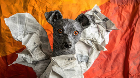 Dog sculpture made of intricately folded newspaper, hyper-realistic textures, bold colorful background, close-up perspectiveの素材