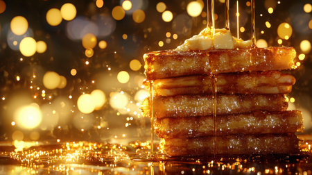 Crispy waffles stacked tall, syrup cascading smoothly, melting butter on top, ultra-realistic textures, moody lighting, dark backdropの素材