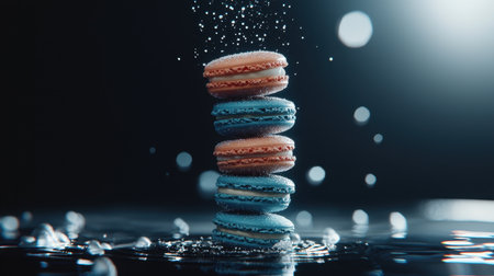 Five macarons stacked high, sugar softly falling, crisp photorealism, stunning light reflections, dark moody studio backgroundの素材