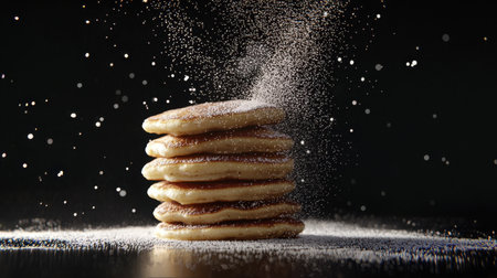 Elegant tower of five pancakes, sugar mist mid-motion, dramatic shadows, studio lighting, hyper-detailed realism, darkened backgroundの素材