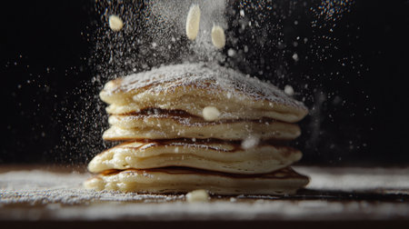 Delicate 5-pancake stack, intricate powdered sugar particles, deep contrast studio lighting, photorealistic textures, dark backgroundの素材