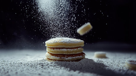 Delicate 5-pancake stack, intricate powdered sugar particles, deep contrast studio lighting, photorealistic textures, dark backgroundの素材