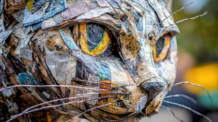 Expressive close-up of a newspaper cat sculpture, dramatic lighting, vivid colorful background, hyper-detailed textures, artistic impactの素材