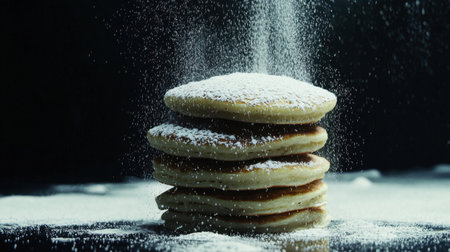 Elegant 5-pancake tower, dramatic powdered sugar effect, realistic lighting, crisp reflections, side-on ray-traced scene, dark moody backdropの素材