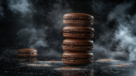 Five macarons forming a tower, sugar floating gently, razor-sharp lighting, soft gradients, deep shadows, hyper-realistic scene, dark backgroundの素材
