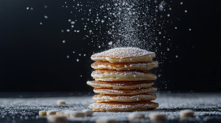 Delicate 5-pancake stack, intricate powdered sugar particles, deep contrast studio lighting, photorealistic textures, dark backgroundの素材