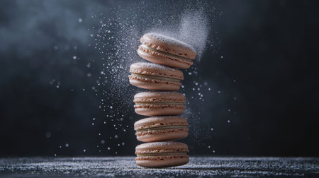 Five macarons stacked high, sugar softly falling, crisp photorealism, stunning light reflections, dark moody studio backgroundの素材