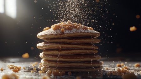 Five pancake stack, illuminated by studio lighting, sugar dust floating, ultra-realistic shadows and textures, deep dark backgroundの素材