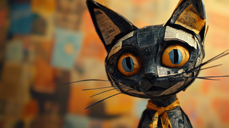 Expressive close-up of a newspaper cat sculpture, dramatic lighting, vivid colorful background, hyper-detailed textures, artistic impactの素材