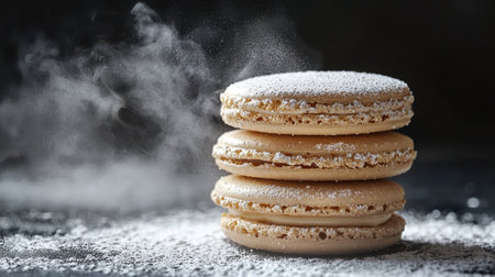 Five macarons stacked, soft powdered sugar mist, intricate textures, ray-traced realism, deep moody light, dark studio backgroundの素材