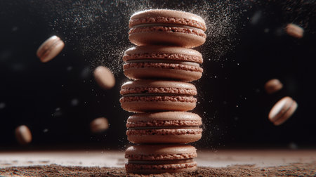Five macarons stacked high, sugar dust swirling, cinematic light, deep shadows, hyper-detailed texture, ray-traced realism, dark moody backgroundの素材