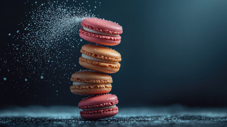 Five macarons forming a tower, sugar floating gently, razor-sharp lighting, soft gradients, deep shadows, hyper-realistic scene, dark backgroundの素材