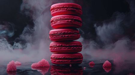 Five macarons in a perfect vertical tower, sugar mist floating, realistic light reflections, hyper-detailed, ray-traced, dark moody sceneの素材