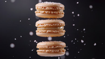 Five macarons stacked high, sugar softly falling, crisp photorealism, stunning light reflections, dark moody studio backgroundの素材