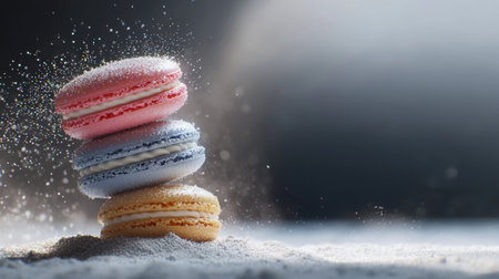 Five macarons stacked high, sugar dust swirling, cinematic light, deep shadows, hyper-detailed texture, ray-traced realism, dark moody backgroundの素材