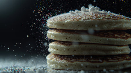 Five pancakes stacked high, sugar dust swirling, cinematic light, deep shadows, hyper-detailed texture, ray-traced realism, dark moody backgroundの素材