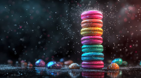 Five-tier macaron tower, soft sugar snowfall, breathtaking lighting effects, ray-traced reflections, deep dramatic shadows, dark moody backgroundの素材