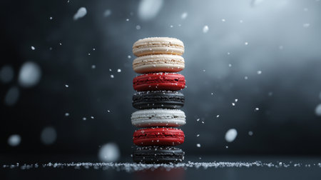 Five-tier macaron tower, soft sugar snowfall, breathtaking lighting effects, ray-traced reflections, deep dramatic shadows, dark moody backgroundの素材