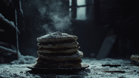 Five-tier pancake tower, realistic sugar dusting, cinematic light, deep contrast, ultra-detailed textures, side perspective, dark backdropの素材