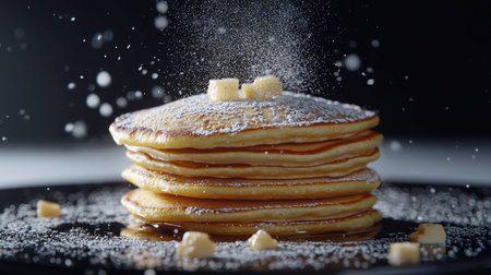 Five pancakes stacked, soft powdered sugar mist, intricate textures, ray-traced realism, deep moody light, dark studio backgroundの素材