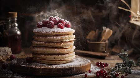 Five-tier pancake tower, realistic sugar dusting, cinematic light, deep contrast, ultra-detailed textures, side perspective, dark backdropの素材