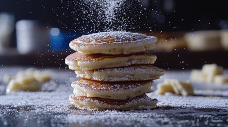 Five pancakes stacked high, sugar softly falling, crisp photorealism, stunning light reflections, dark moody studio backgroundの素材