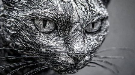 Folded newspaper cat sculpture in a close-up shot, ultra-detailed, vibrant abstract background, stunning depth and contrast, lifelike lighting -の素材
