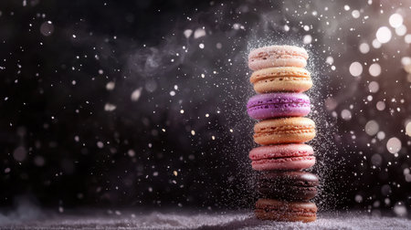 Five-tier macaron tower, realistic sugar dusting, cinematic light, deep contrast, ultra-detailed textures, side perspective, dark backdropの素材