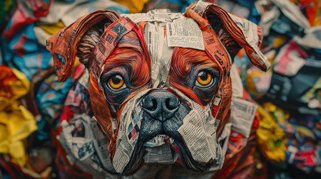 Folded newspaper dog sculpture in a close-up shot, ultra-detailed, vibrant abstract background, stunning depth and contrast, lifelike lightingの素材