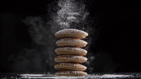 Floating sugar over five stacked pancakes, stunning lighting, crisp ray-traced details, dramatic realism, moody dark sceneの素材
