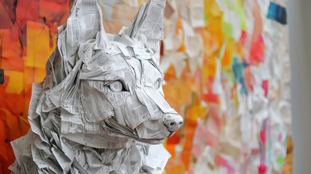 Folded newspaper dog sculpture, close-up view, intricate details, set against a bold, colorful abstract background, photorealistic lightingの素材