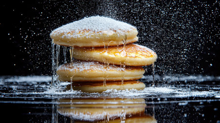 Floating sugar over stacked pancakes, ray-traced lighting, stunning reflections, ultra-crisp details, deep moody contrast, dark atmospheric backgroundの素材