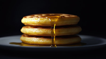 Four golden waffles stacked, buttery syrup cascading, hyper-realistic textures, deep cinematic contrast, moody studio lighting, dark backgroundの素材