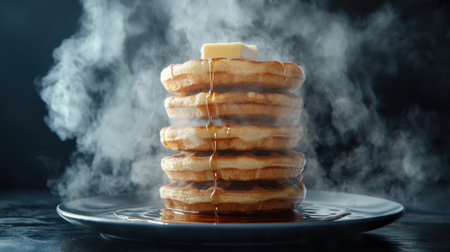 Four crispy waffles stacked high, golden syrup dripping, butter melting, rich cinematic lighting, realistic ray tracing, dark moody sceneの素材