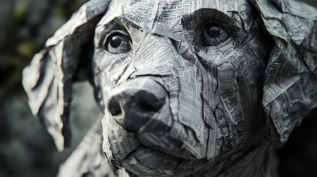 Folded newspaper dog sculpture in a close-up shot, ultra-detailed, vibrant abstract background, stunning depth and contrast, lifelike lightingの素材