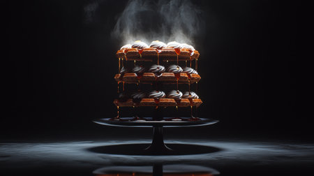 Four-tier waffle tower, syrup dripping beautifully, soft butter melting, realistic reflections, moody studio lighting, deep shadows, dark backgroundの素材