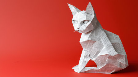 Folded newspaper cat sculpture in a close-up shot, ultra-detailed, vibrant abstract background, stunning depth and contrast, lifelike lighting -の素材