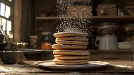 Floating sugar over five stacked pancakes, stunning lighting, crisp ray-traced details, dramatic realism, moody dark sceneの素材
