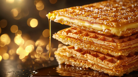 Four waffle layers, soft golden hues, syrup pouring down edges, butter melting gently, rich cinematic lighting, deep contrast, dark backgroundの素材