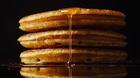 Four waffle layers, soft golden hues, syrup pouring down edges, butter melting gently, rich cinematic lighting, deep contrast, dark backgroundの素材