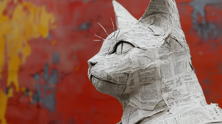 Artistic close-up of a newspaper-folded cat sculpture, set against a high-contrast colorful abstract background, ultra-detailed realismの素材
