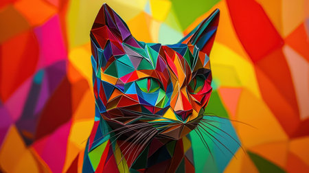 Close-up portrait of a paper-folded cat sculpture, ultra-detailed textures, vivid colors in abstract background, realistic lightingの素材