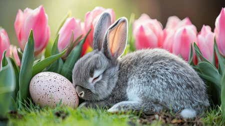A tiny gray bunny curled up beside a dazzling Heister egg, soft pink tulips and dew-covered grass surrounding it.の素材