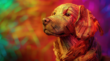 Artistic newspaper dog sculpture, close-up photography, immersive lighting, rich colors in abstract background, highly detailedの素材