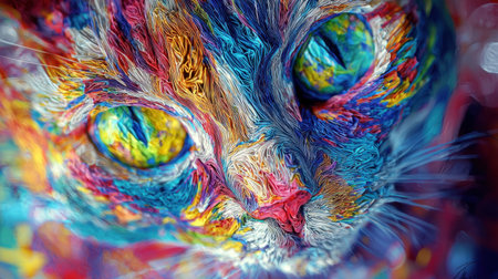 Close-up portrait of a paper-folded cat sculpture, ultra-detailed textures, vivid colors in abstract background, realistic lightingの素材