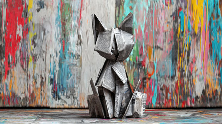 Artistic cat sculpture made of newspaper folds, dynamic abstract background bursting with color, photorealistic textures, rich lightingの素材