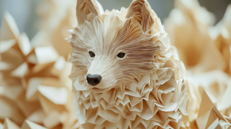 Close-up portrait of a paper-folded dog sculpture, ultra-detailed textures, vivid colors in abstract background, realistic lightingの素材